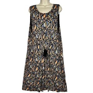 Lucky Brand Sleeveless Dress 3X Boho‎ Mosaic Print Midi Lined Viscose Tassel Tie